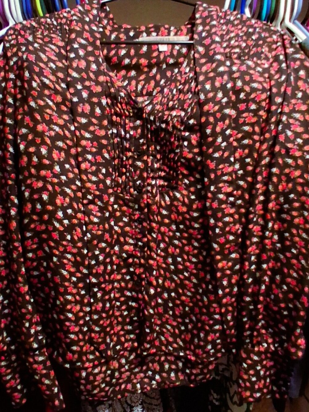 GUESS Black Floral Long Sleeve Secretary Shirt Top Blouse Polyester S GORGEOUS!